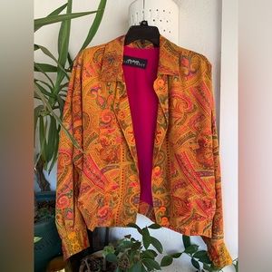 Linda Allard for Ellen Tracy Womens Orange Silk Paisley Print Bomber Jacket
